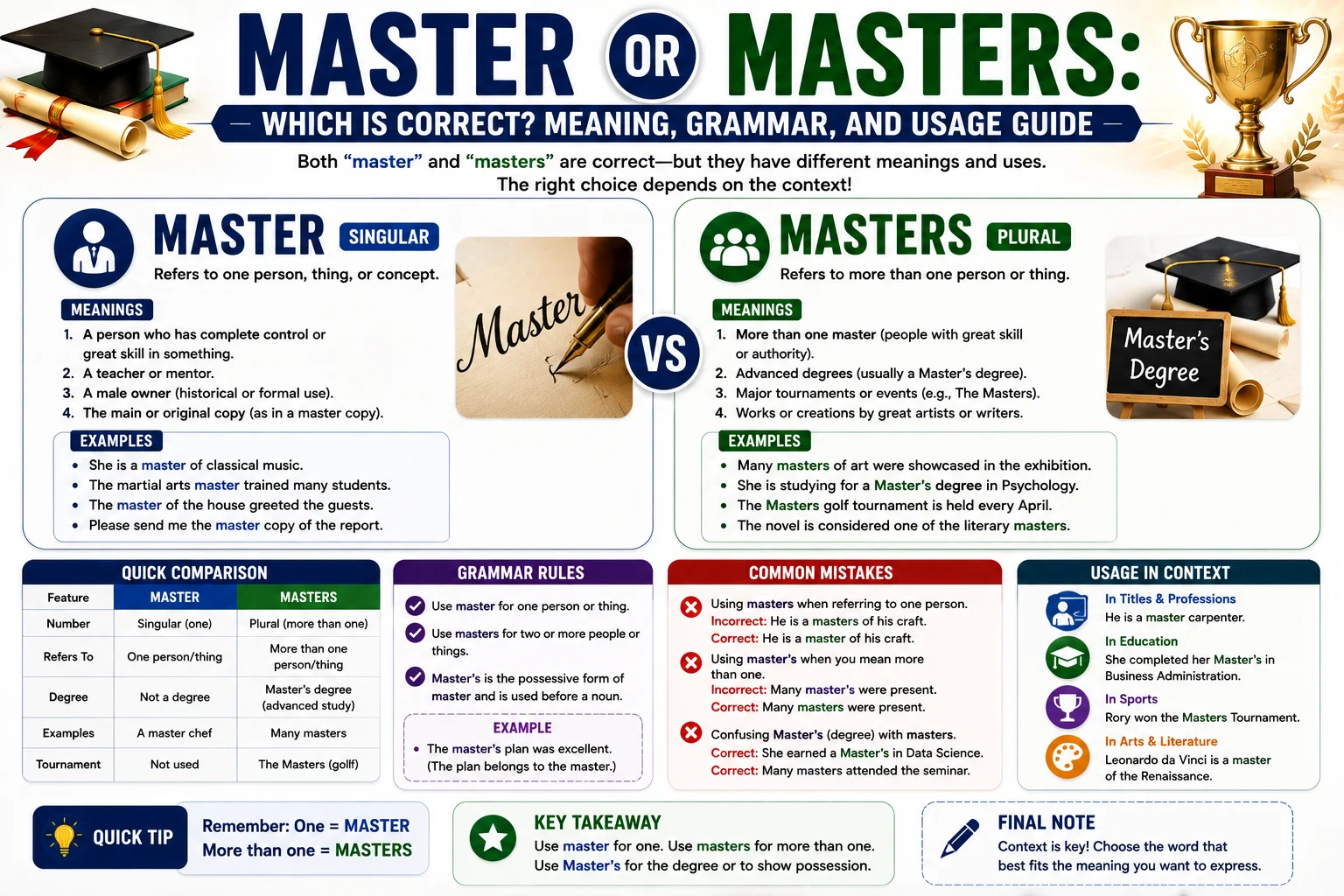 Master or Masters: Which Is Correct? Meaning, Grammar, and Usage Guide