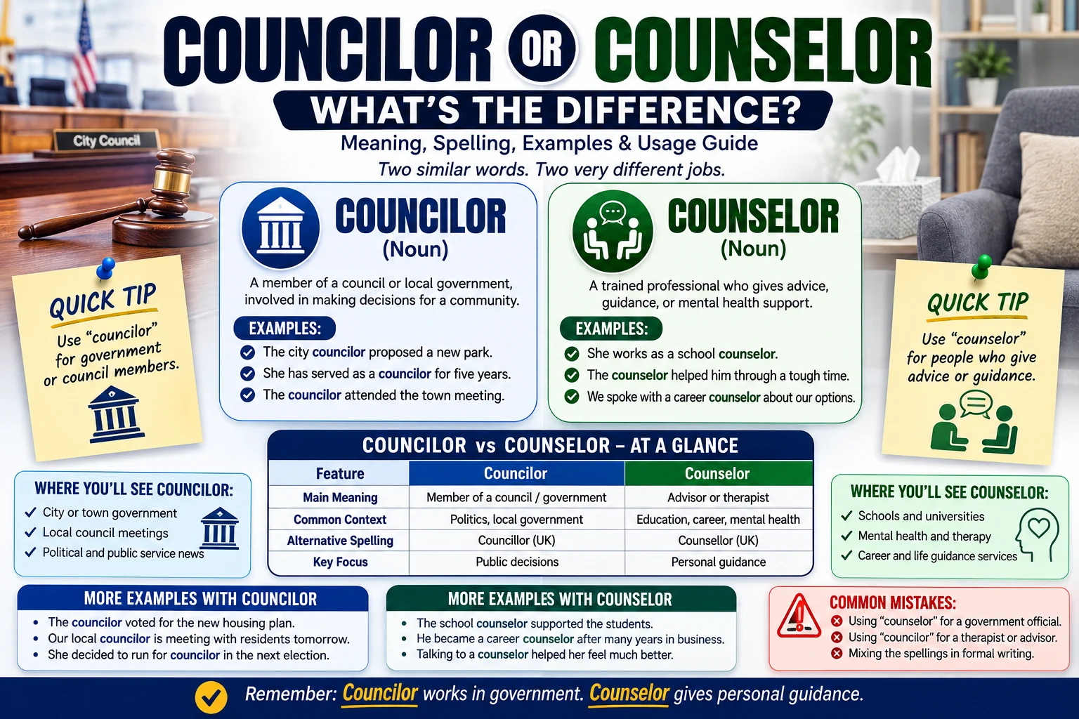 Councilor or Counselor: What's the Difference? Meaning, Spelling, Examples & Usage Guide